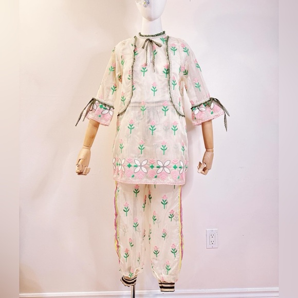 Set of Floral Embroidered Sheer Blouse and Jogger pant in Pink - Picture 2 of 8